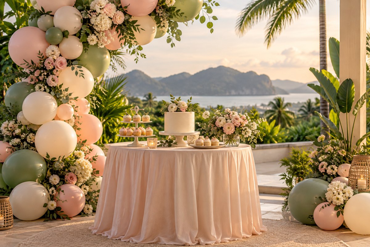 Blush and sage balloon arch surrounding a celebration dessert table