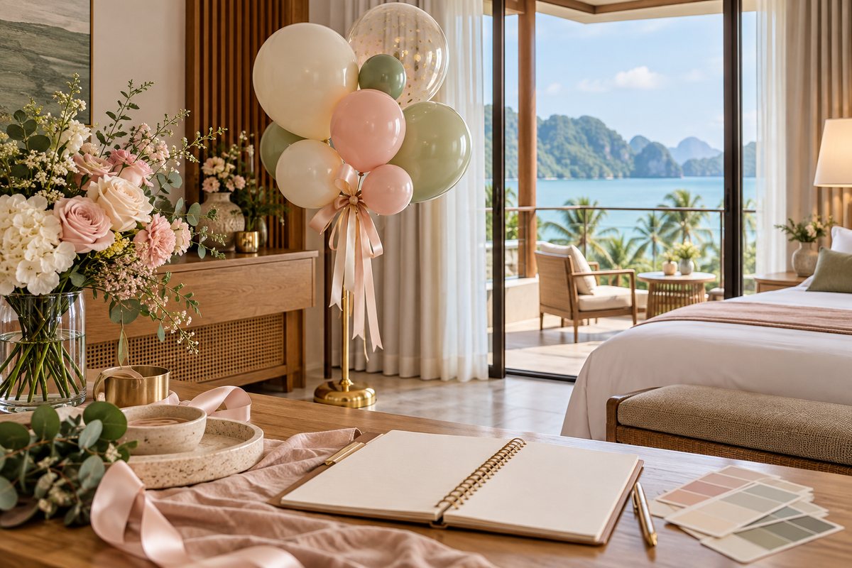 A balloon surprise with flowers and planning details