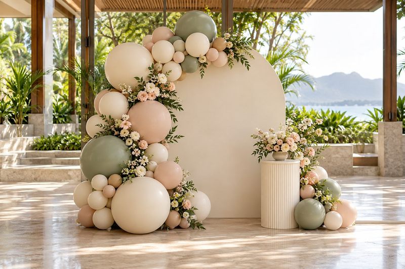 Modern ivory, blush and sage balloon decoration