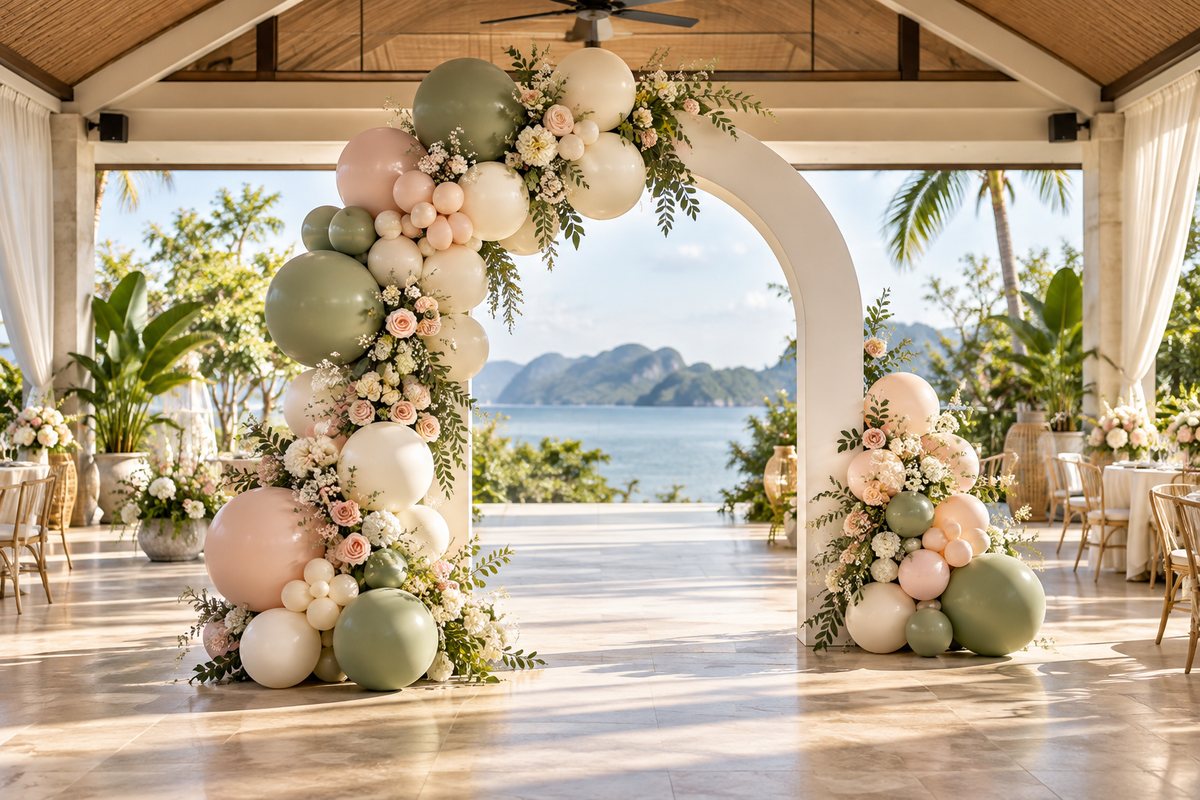 Balloon arch designed around a tropical event space