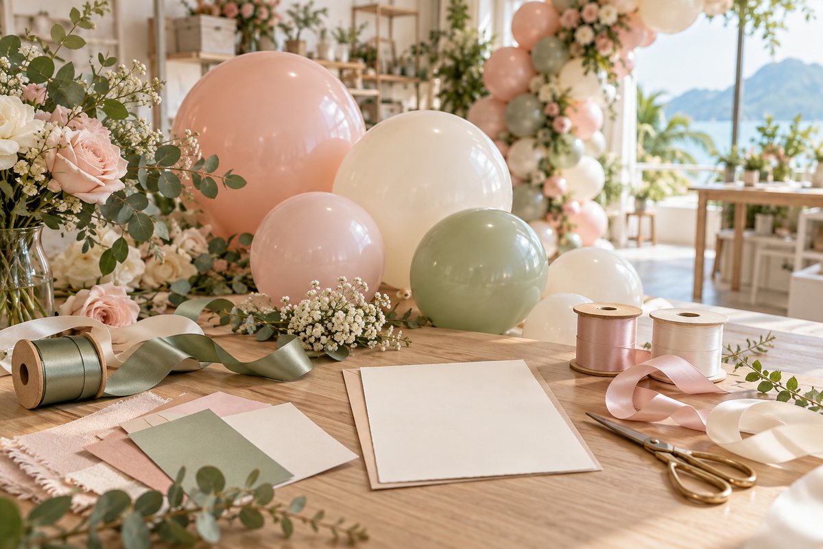 Balloons, ribbons and colour swatches for choosing a theme
