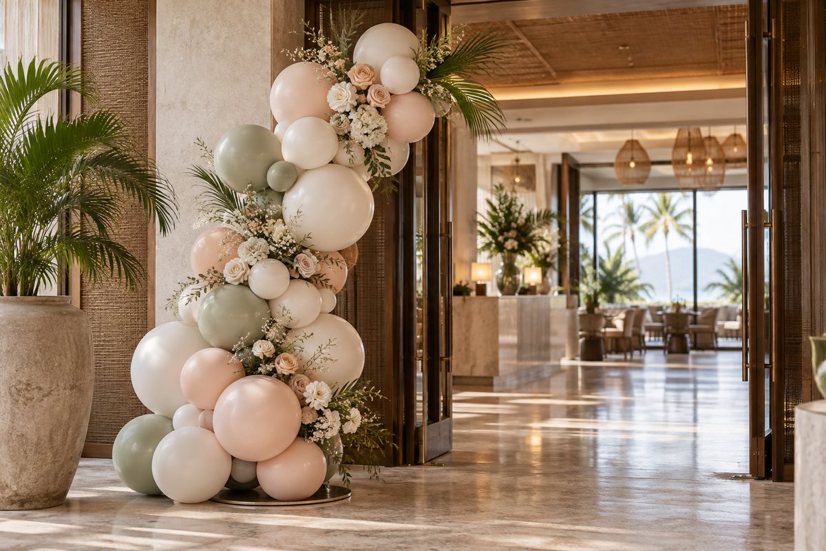 Freestanding balloon decoration beside a hotel event entrance