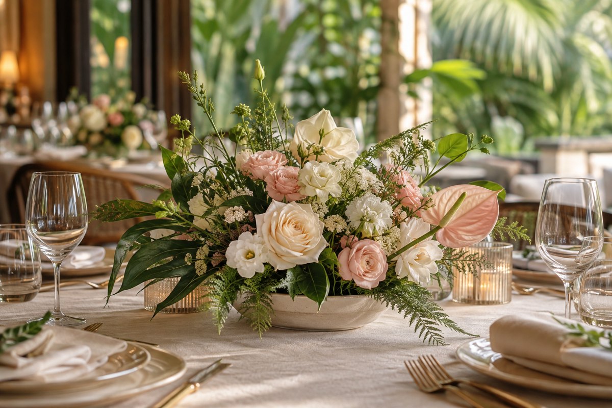 Blush and ivory floral centrepiece on a linen reception table