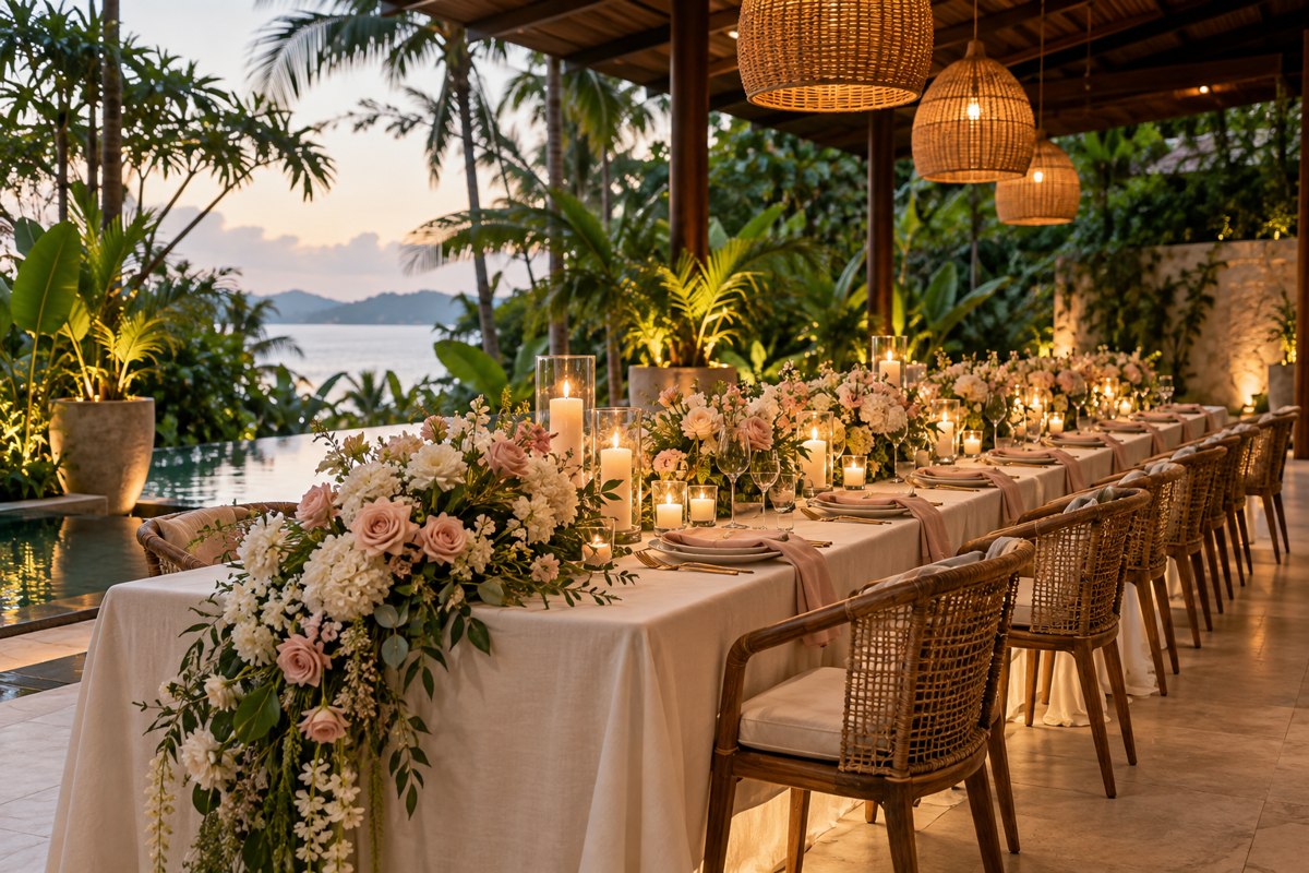 Celebration dinner with blush flowers, ivory linen and candlelight in a tropical venue
