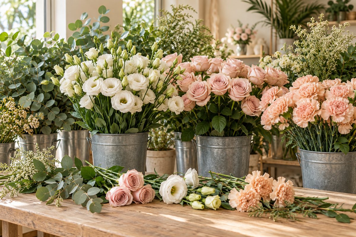 Selection of fresh flowers and foliage in a florist studio