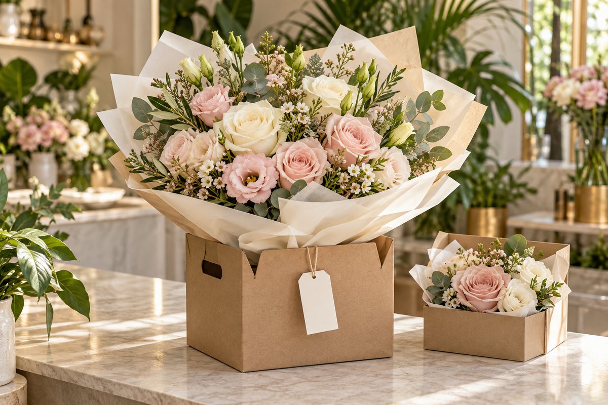 Bouquets carefully packaged for delivery or collection