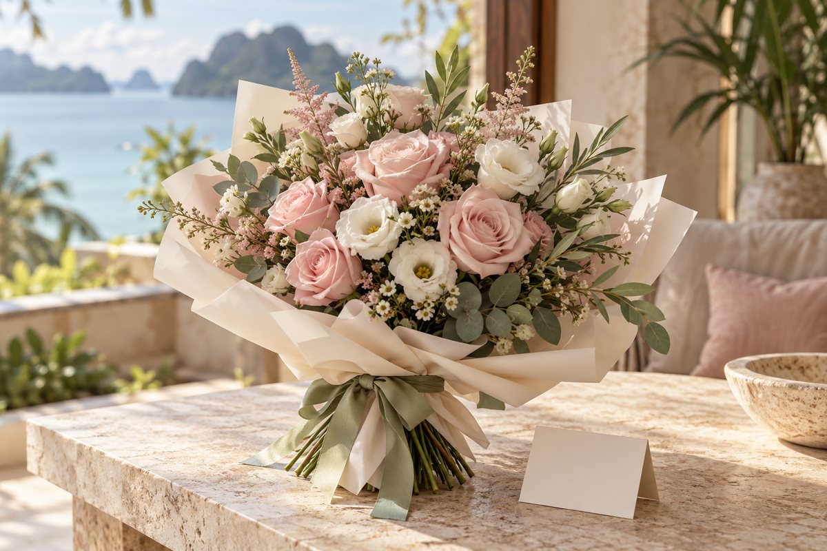Blush and ivory gift bouquet with a blank greeting card