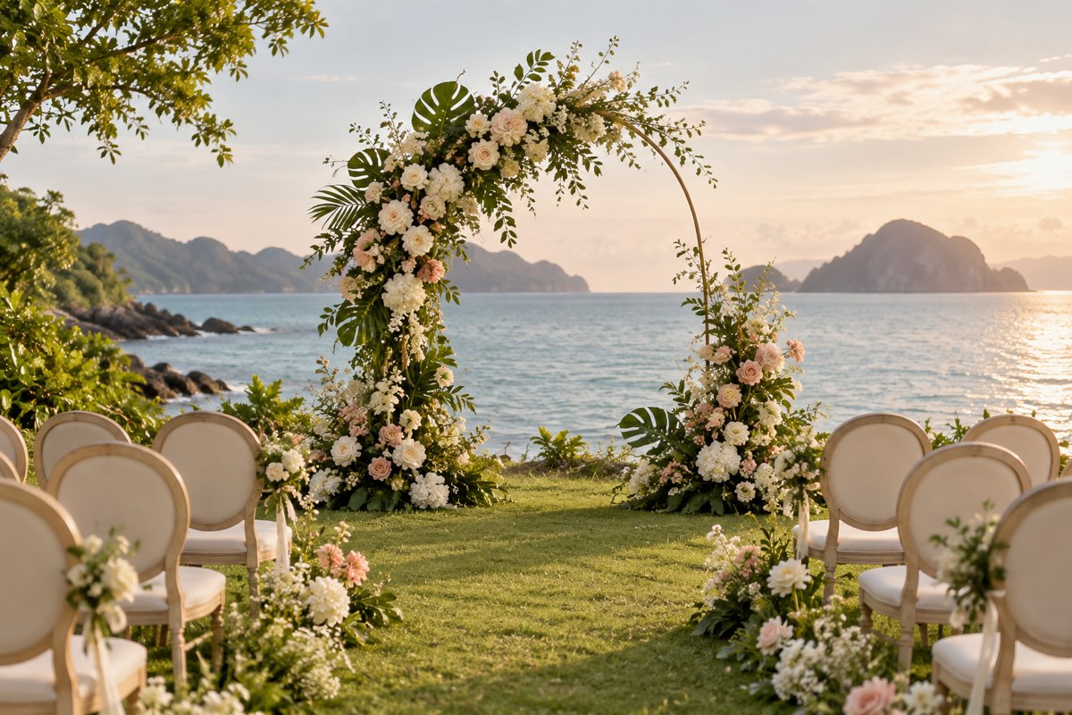 Ivory and blush floral wedding arch in a tropical seaside setting