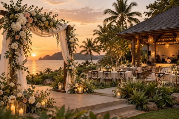 AI-created concept of a floral ceremony and evening wedding reception