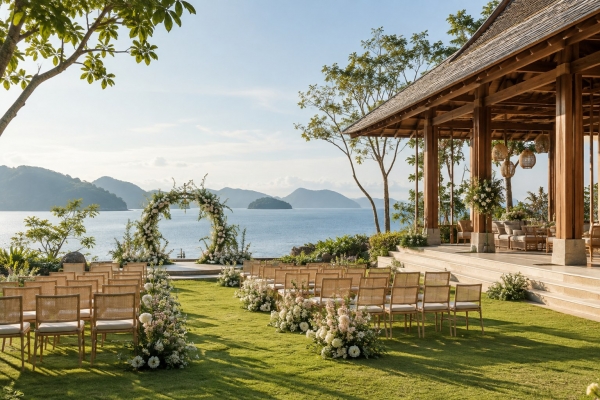 AI-created illustration of a tropical wedding venue, not a named hotel